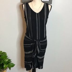 DREW • SIZE: S • BLACK STRIPED LINEN TIE WRAP DRESS